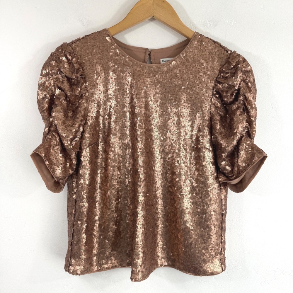 Abercrombie & Fitch Sequin Puff Sleeve Top Small Rose Gold Holiday Party Glam